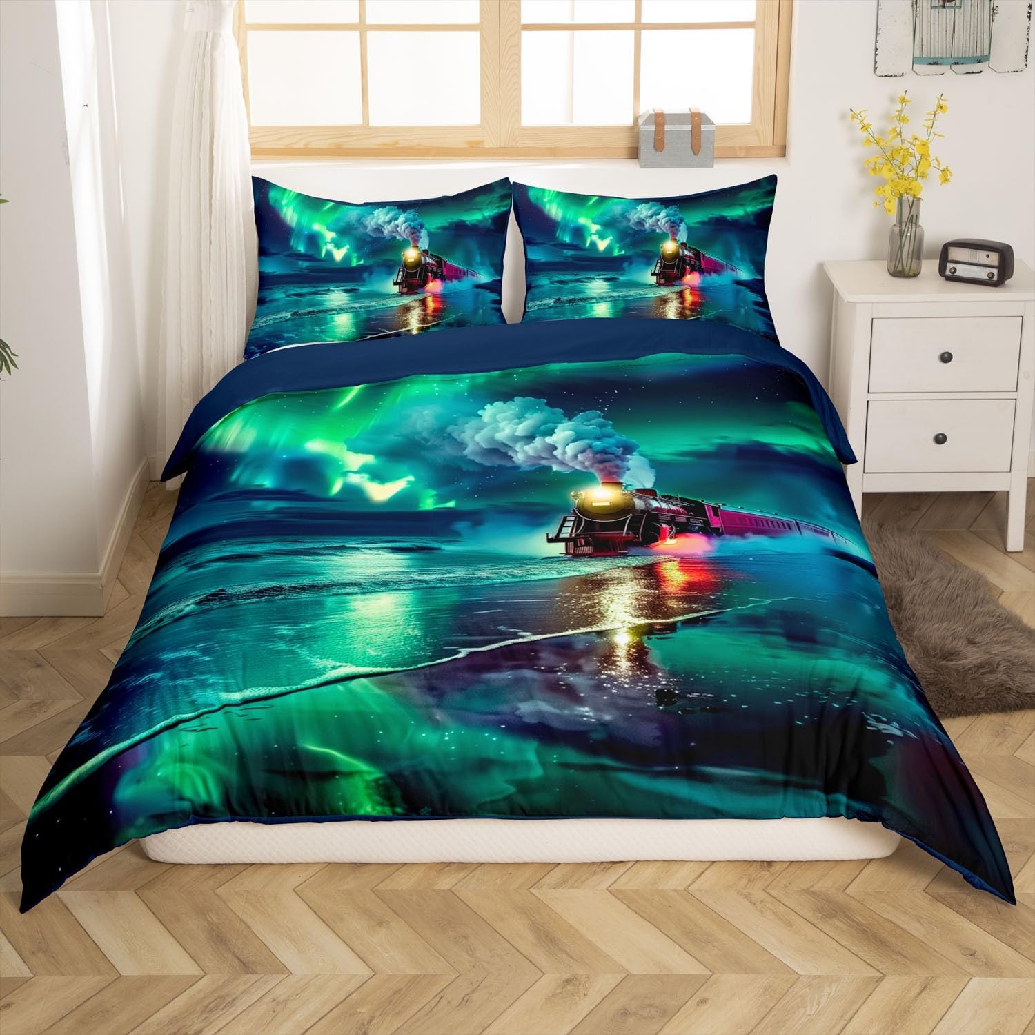 Erosebridal Kids Red Train Toddler Bedding Set Retro Steam Engine Comforter Cover for Boys Teens Vintage Locomotive Green Polar Lights Duvet Cover,Vehicles Galaxy Bed Cover,Soft