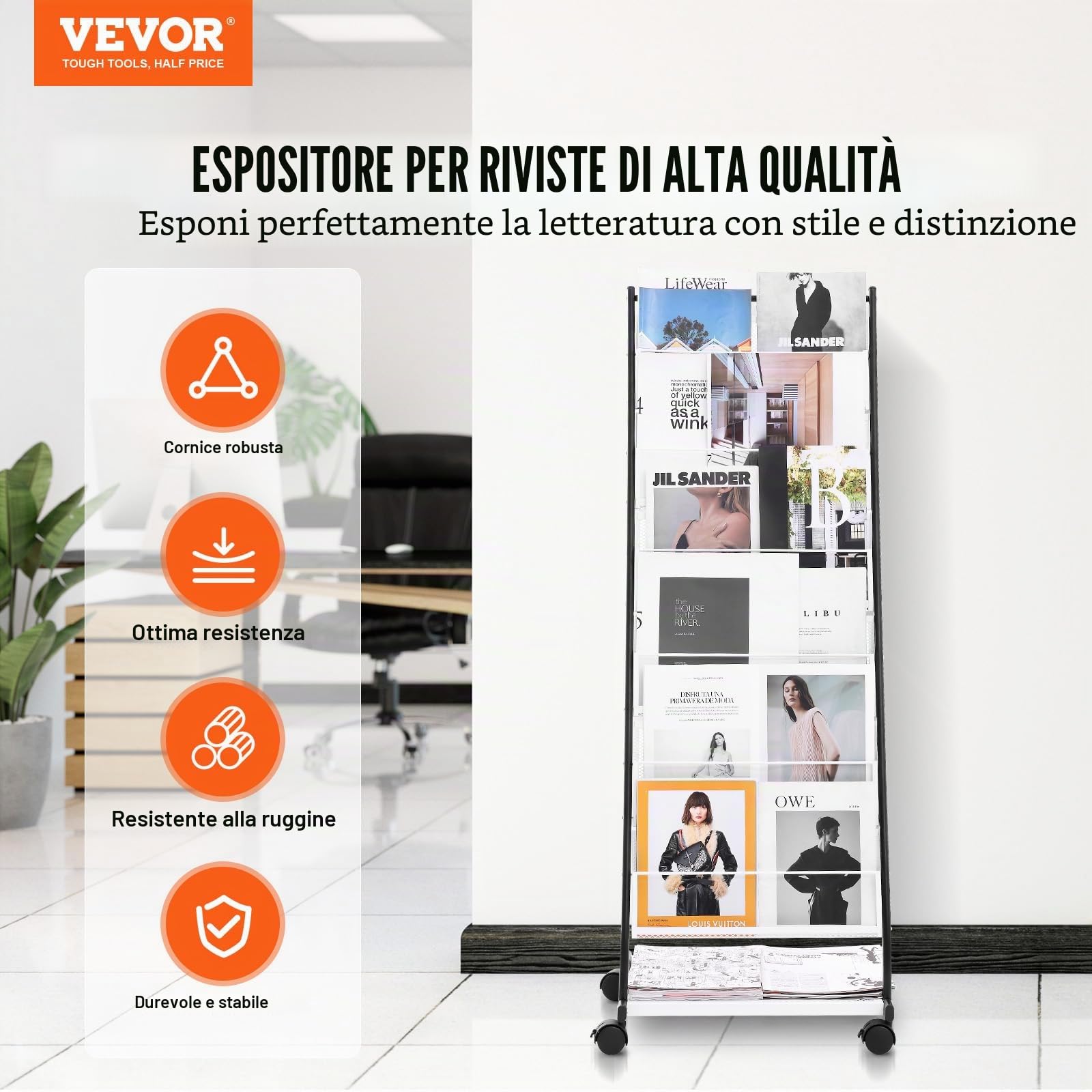 VEVOR Espositore per brochure, espositore per riviste, 6 livelli, portariviste da pavimento, supporti cataloghi di giornali, mobile con 4 ruote (2 bloccabili) per ufficio, mostre di negozi, 6 tasche