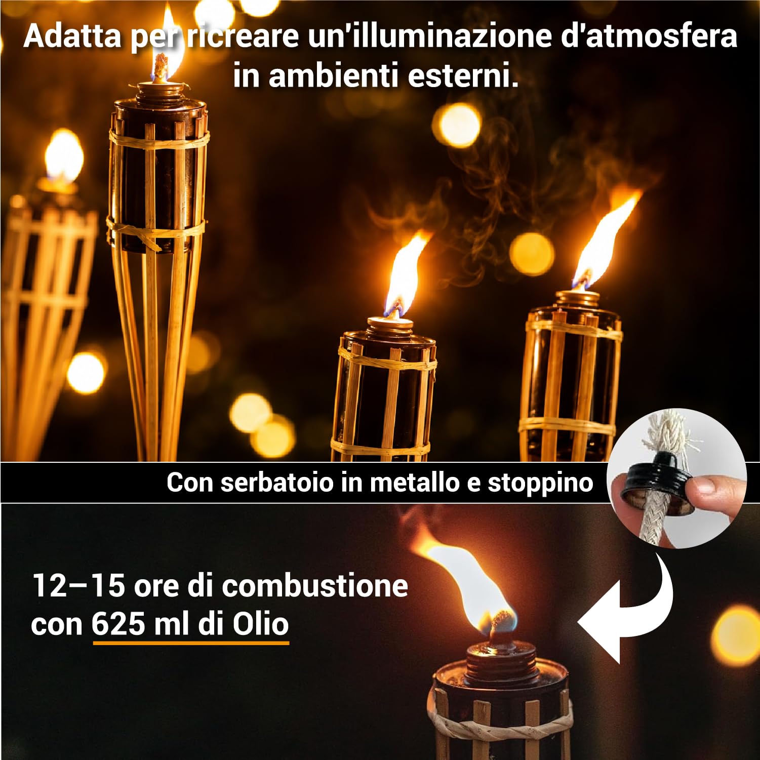 Crisalide® - Torce ad Olio in Bambù per Giardino – Fiaccole Decorative da Esterno con Serbatoio in Metallo e Stoppino – Ideali per Patio, Vialetti e Piscina – Set 5 o 10 Pezzi (10, 120 Cm - 0,625 L)