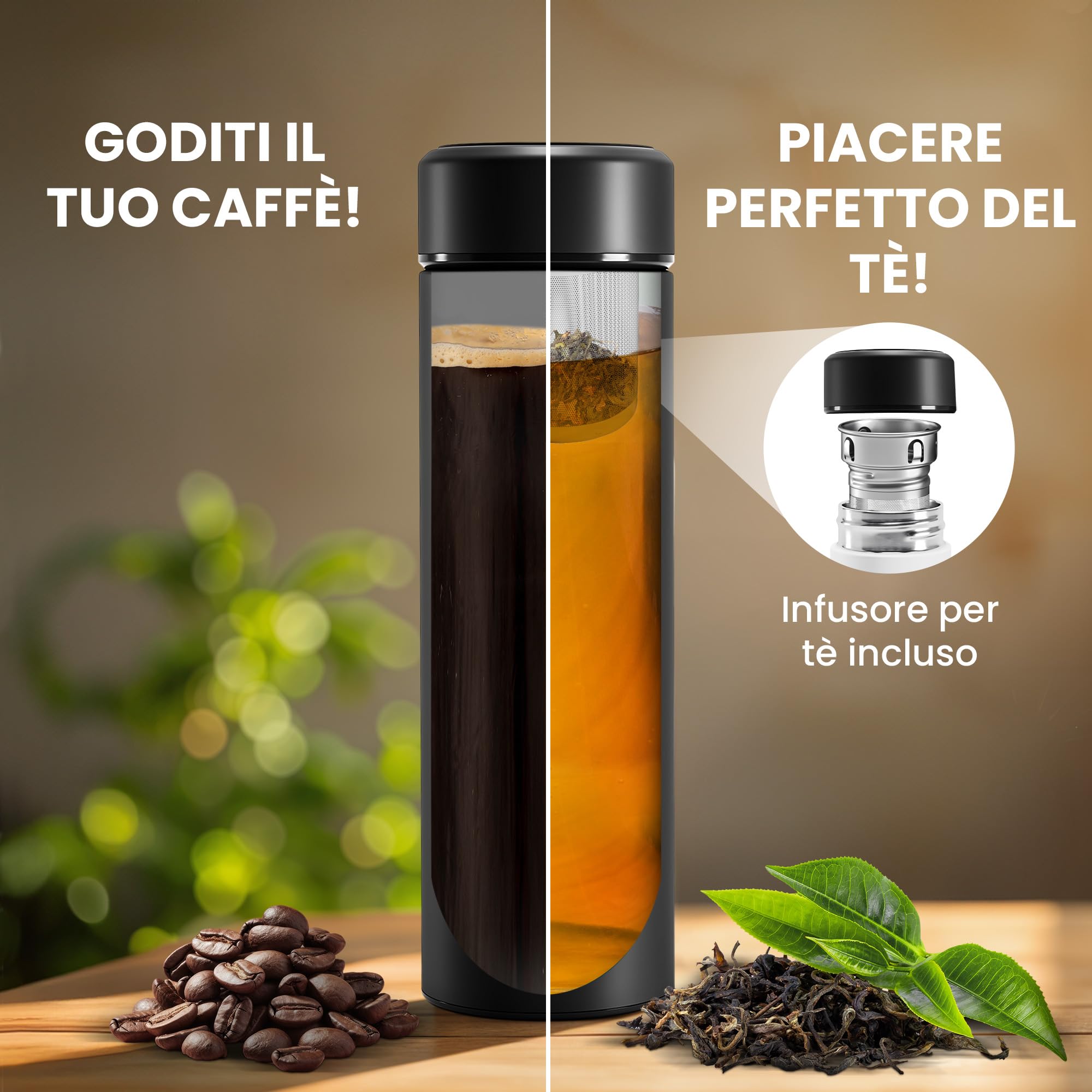 Infusore per tè/frutta e borraccia d’acqua + colino + inserimento per frutta senza BPA | 450ml bottiglia termica in acciaio inox con isolamento vuoto | ufficio, outdoor, scuola, sport – caffè, tè