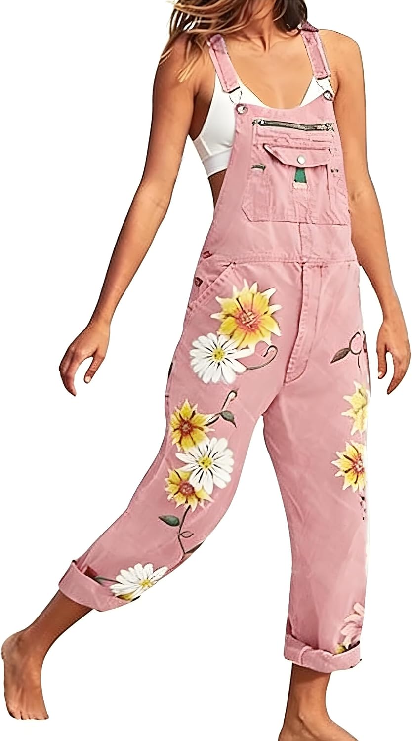 Women's Flower Print Stretch Jeans Long Denim Bib Overalls Cute Sunflowers Denim Strap Jumpsuits