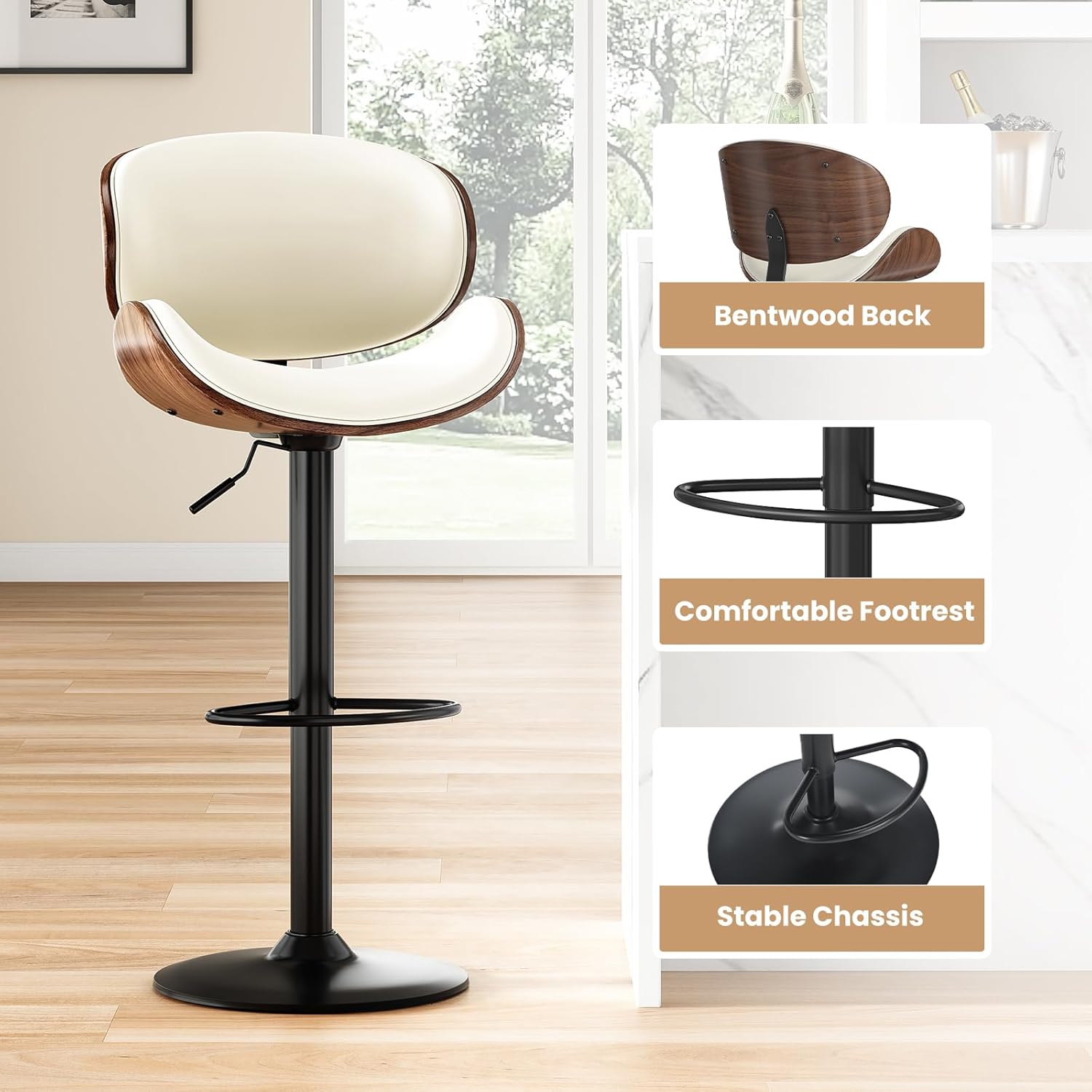 STARY Swivel Bar Stools Set of 2 Adjustable Height Bentwood Barstools with PU Leather Upholstered Seat, Backrest and Footrest,Modern Kitchen Counter Chairs for Bar