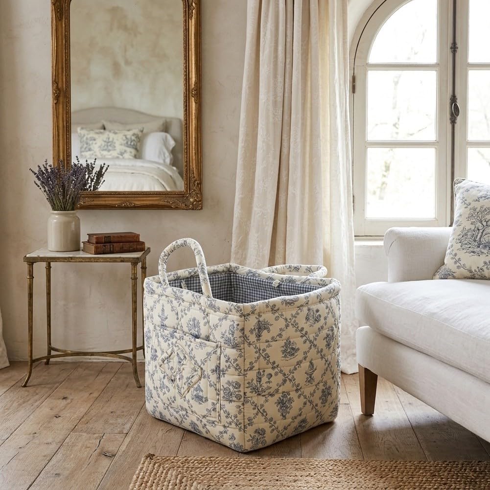 Cesto portabiancheria pieghevole con manici, grande cesto in cotone per l'organizzazione domestica, contenitore salvaspazio per giocattoli e coperte, blu, 32 x 26 x 25 cm