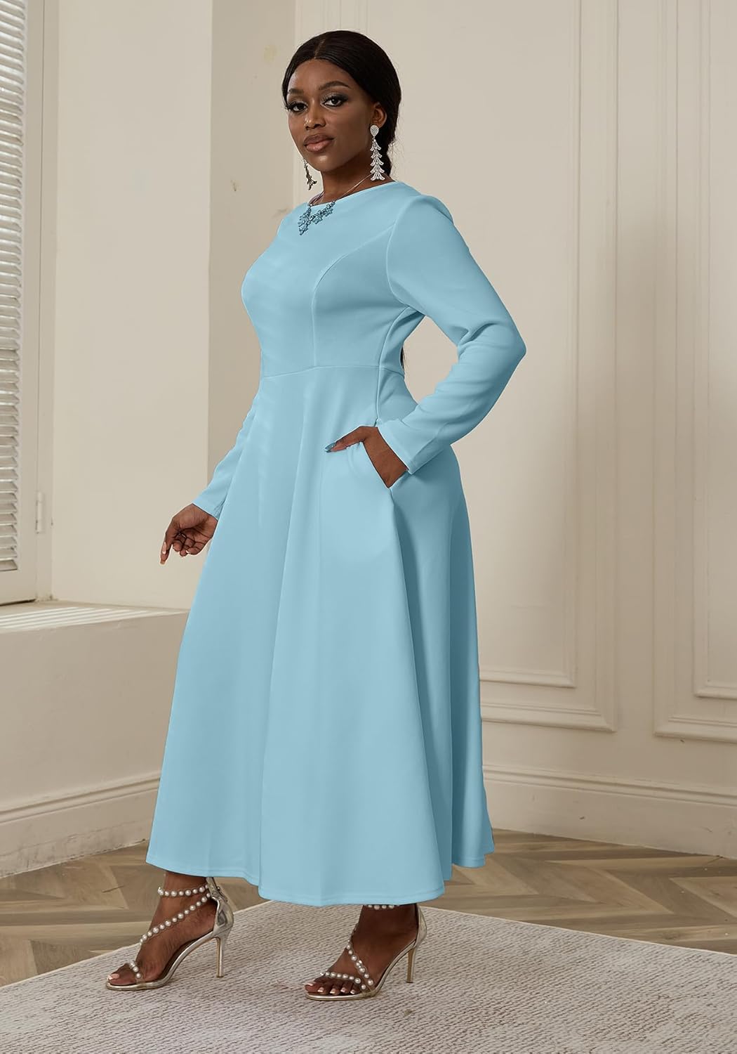 LAJIOJIO Women's Vintage Cocktail Dresses,Elegant Round Neck Long Sleeve Church Evening Dress with Pockets - Image 2