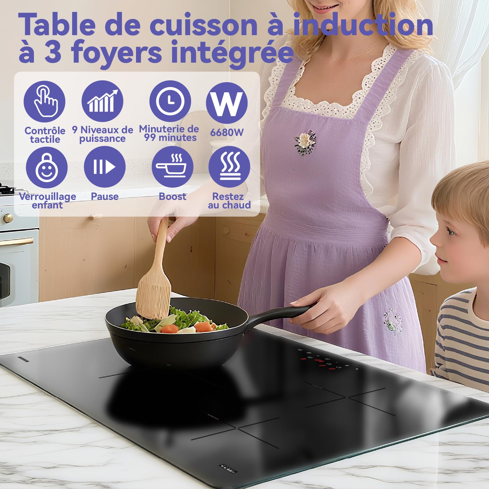 STARCHARTS Plaque Induction 3 Feux Encastrable 6680W 59 cm Italy ILVA Glass Verrouillage Enfant Pause 9 Niveaux Puissance Minuterie 99 min