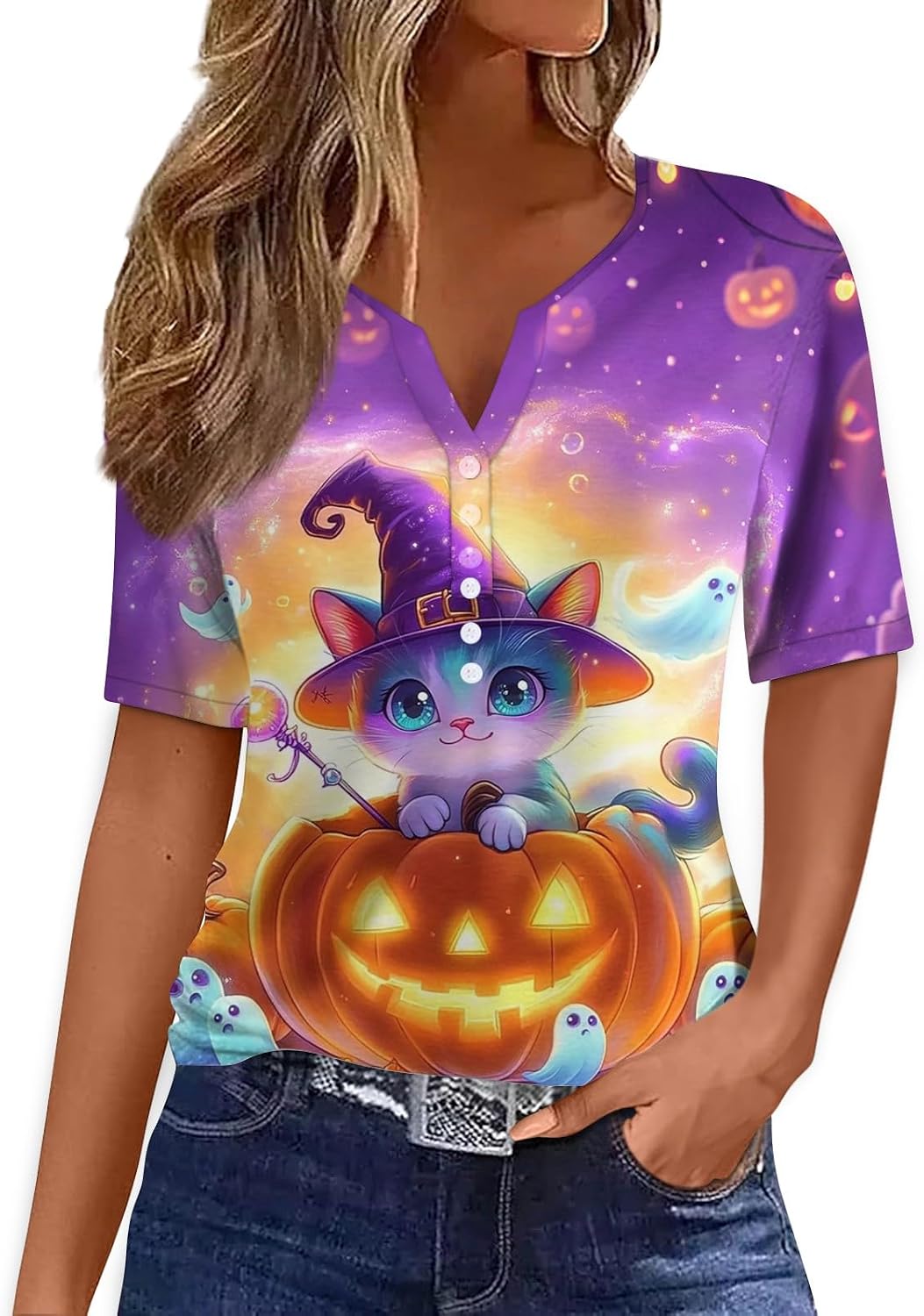 Women's Short Sleeve Halloween Top, Funny Pumpkin Graphic Casual Button V-Neck Shirts, S-3XL