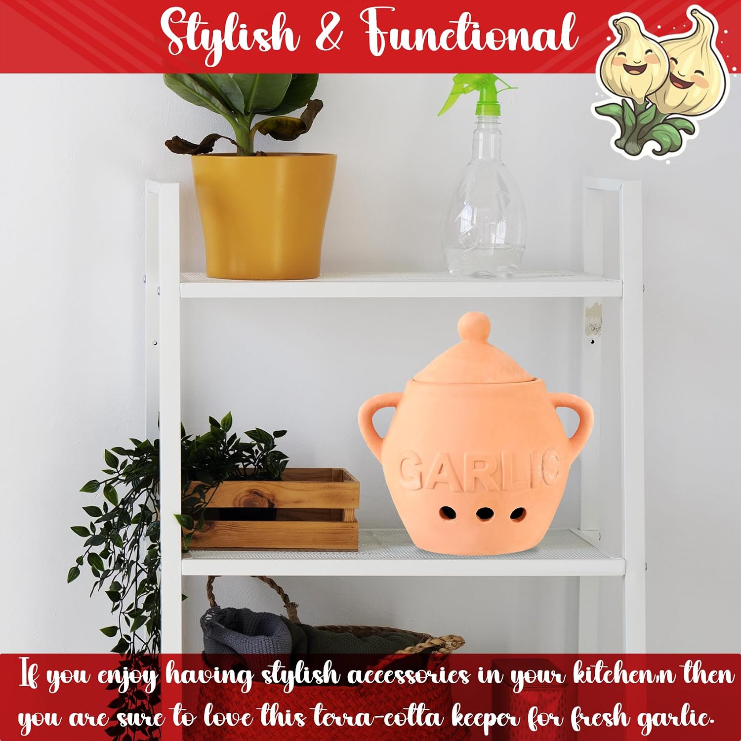 Home-X Unglazed Terracotta Garlic Keeper, Kitchen Counter Accessory, Farmhouse Storage Container with Lid, Small Storage Jar for Garlic Bulbs, 5 ¼” D x 4 ¼” H, Terra Cotta image 5