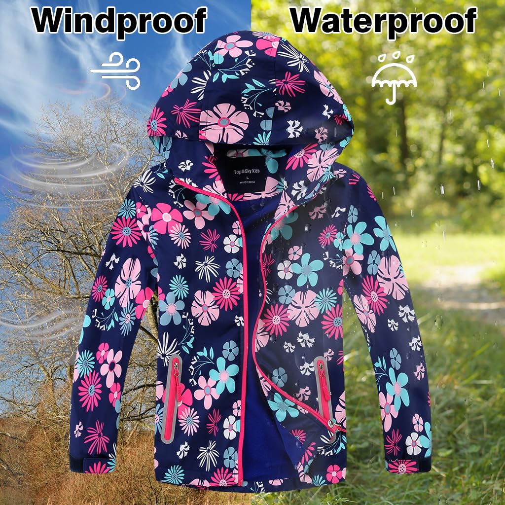 Veste Imperméable Fille Veste Coupe-Vent Enfant Légère Veste de Randonnée Chaude Blouson avec Capuche Polaire Manteau de Pluie 3-12 Ans