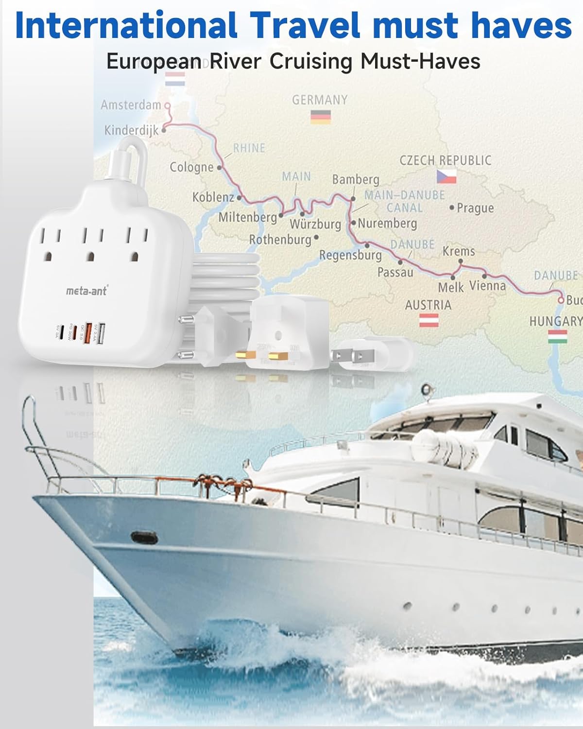 PD30W European Travel Plug Adapter, International Power Strip with 3 Outlets 4 USB Ports(2 USB-C), Universal Travel Adapter with 5ft Extension Cord for EU US UK Europe France Spain