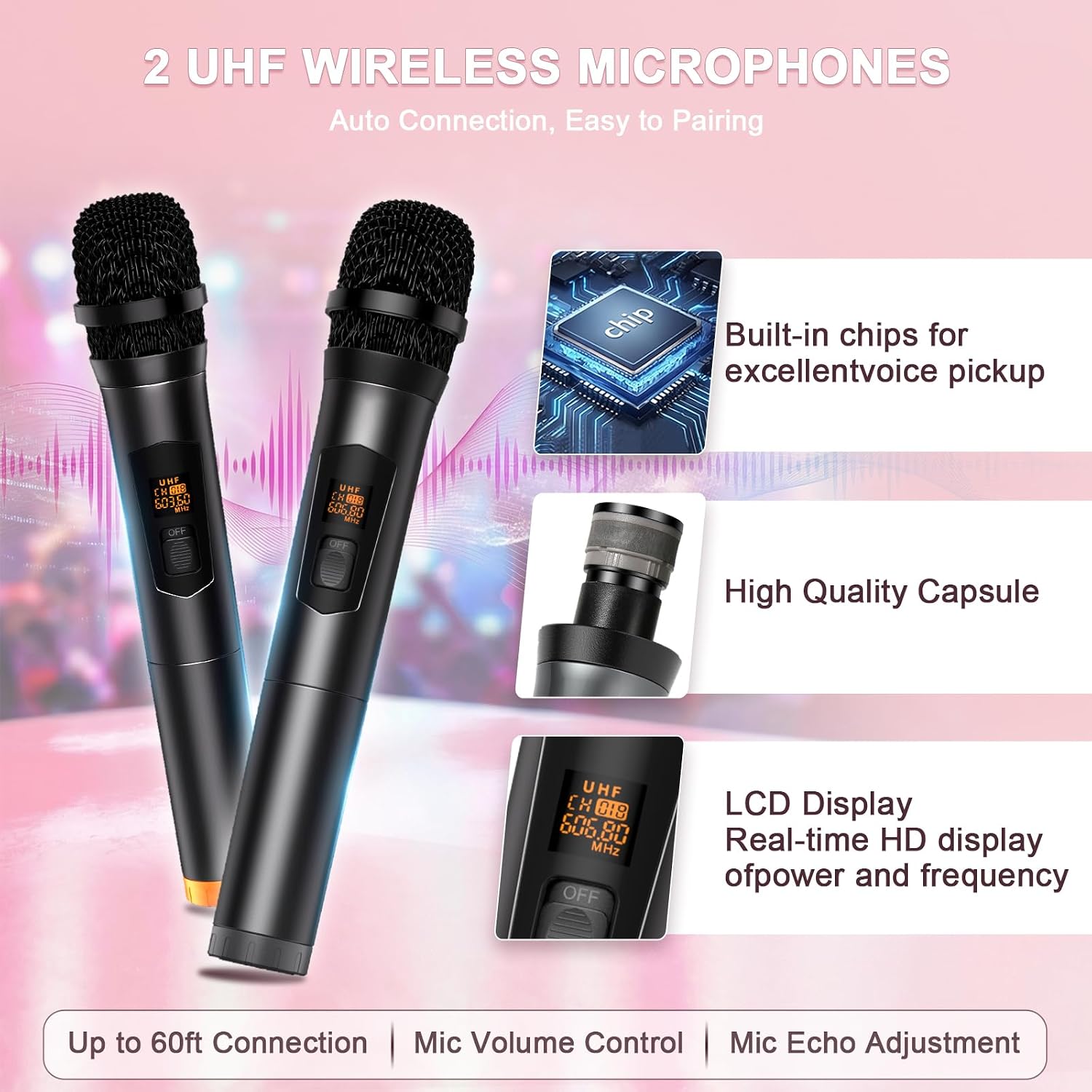 Bluetooth Karaoke Machine, Portable Karaoke with 2 Wireless Microphones, Karaoke Speaker for Adults Kids Gifts, TF/USB/AUX, with DJ Lights for Outdoor Parties, Backyard Fun (Pink)
