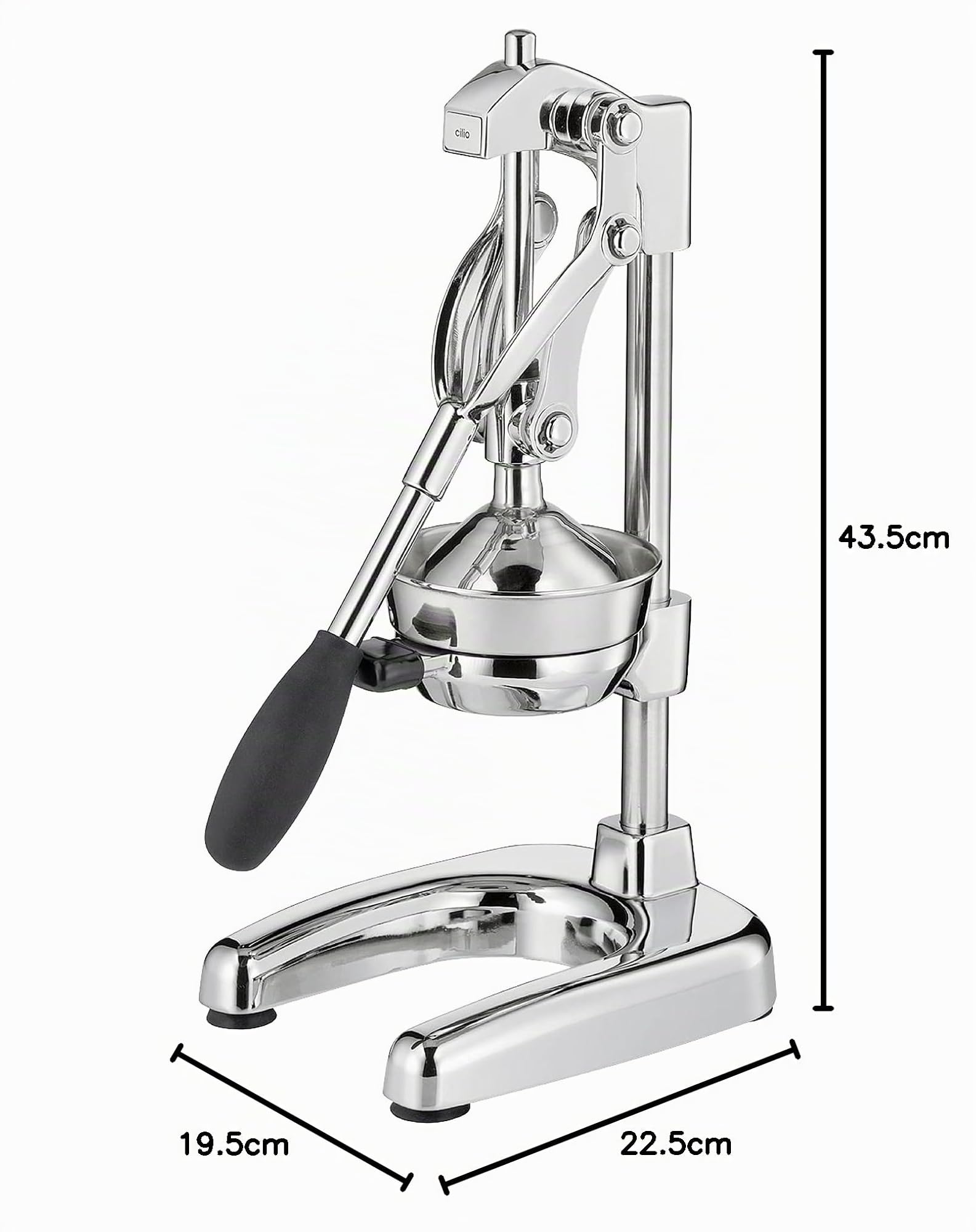 Cilio Presse-agrumes manuel AMALFI | acier inoxydable | presse-agrumes à la main pour 25 % de jus en plus | faible effort | presse-fruits professionnel | 22,5 x 19,5 x 43,5 cm, chromé