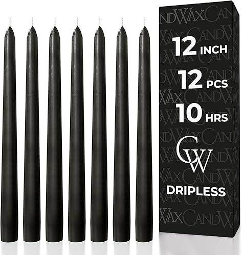 CANDWAX Juego de 12 velas cónicas de 12 pulgadas, sin goteo y sin humo, velas cónicas negras de combustión lenta, ideales para Halloween, velas