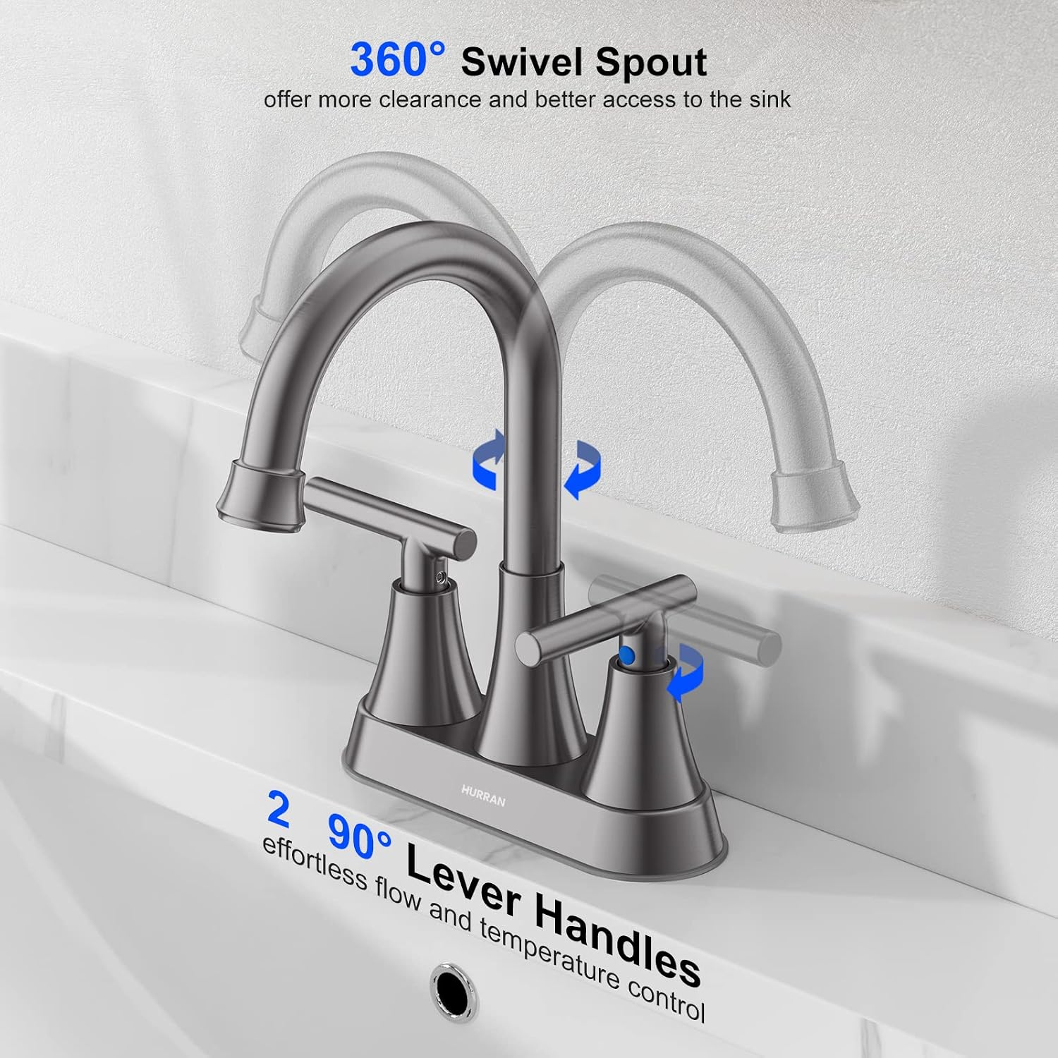 Bathroom Faucets for Sink 3 Hole, Hurran 4 inch Brushed Grey Bathroom Sink Faucet with Pop-up Drain and Supply Hoses, Stainless Steel Lead-Free Centerset Touch On Faucets for Vanity RV