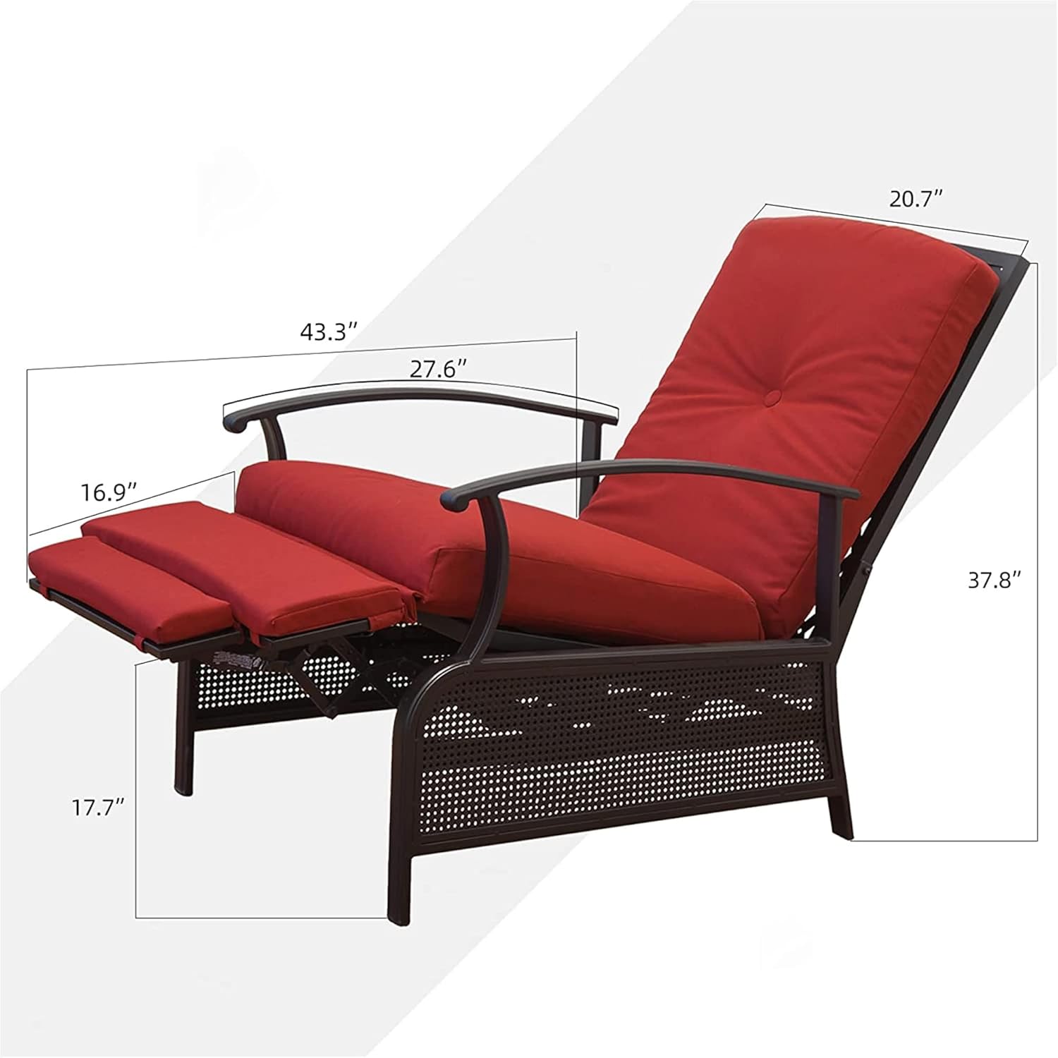 GOWE Patio Recliner Chair with Cushions,Outdoor Adjustable Lounge Chair,Reclining Patio Chairs with Strong Extendable Metal Frame for Reading,Garden,Lawn (Red, 1 Chair)