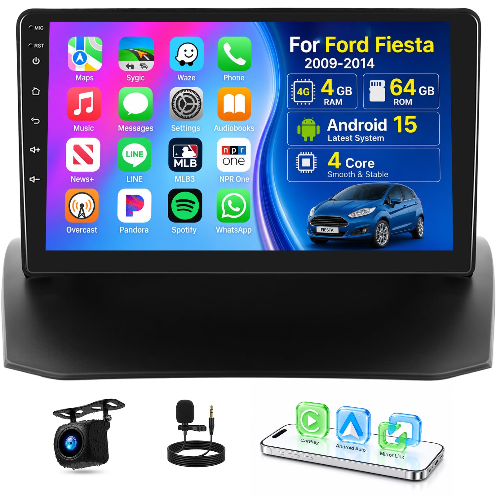 Autoradio Android 15 for Ford Fiesta (09-14): 9", 4+64GB, CarPlay & Android Auto