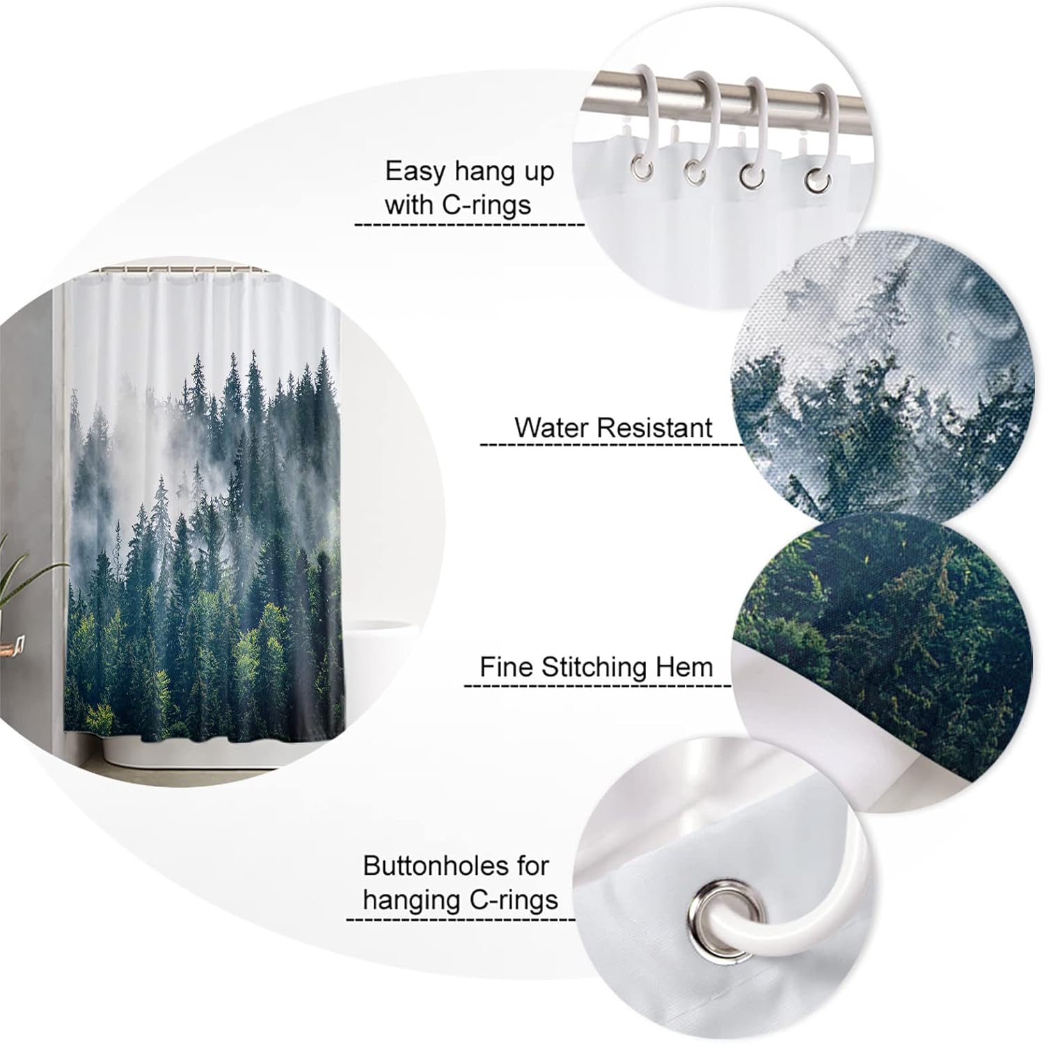 YOKOU Shower Curtain, Woods Summer Tree Water Repellent Polyester Fabric Bath Curtains with Hooks for Bathroom Showers Stalls Bathtubs, 72"x78"