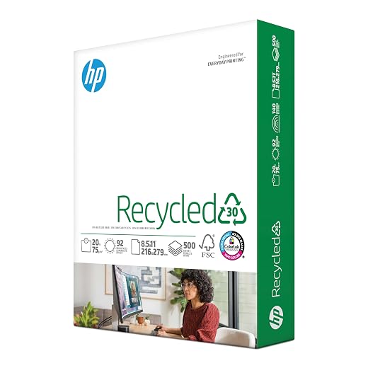 HP Printer Paper 8.5x11 Recycled30 20 lb 30% postconsumer recycled 1 Ream 500 Sheets 92 Bright Made in USA FSC Certified Copy Paper HP Compatible 112100R