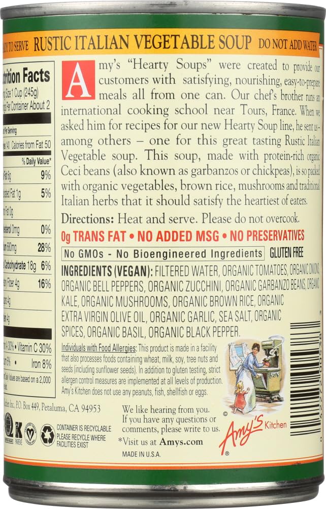 Amys Soups Hearty Rustic Italian Vegetable Soup 397g (Pack of 6)