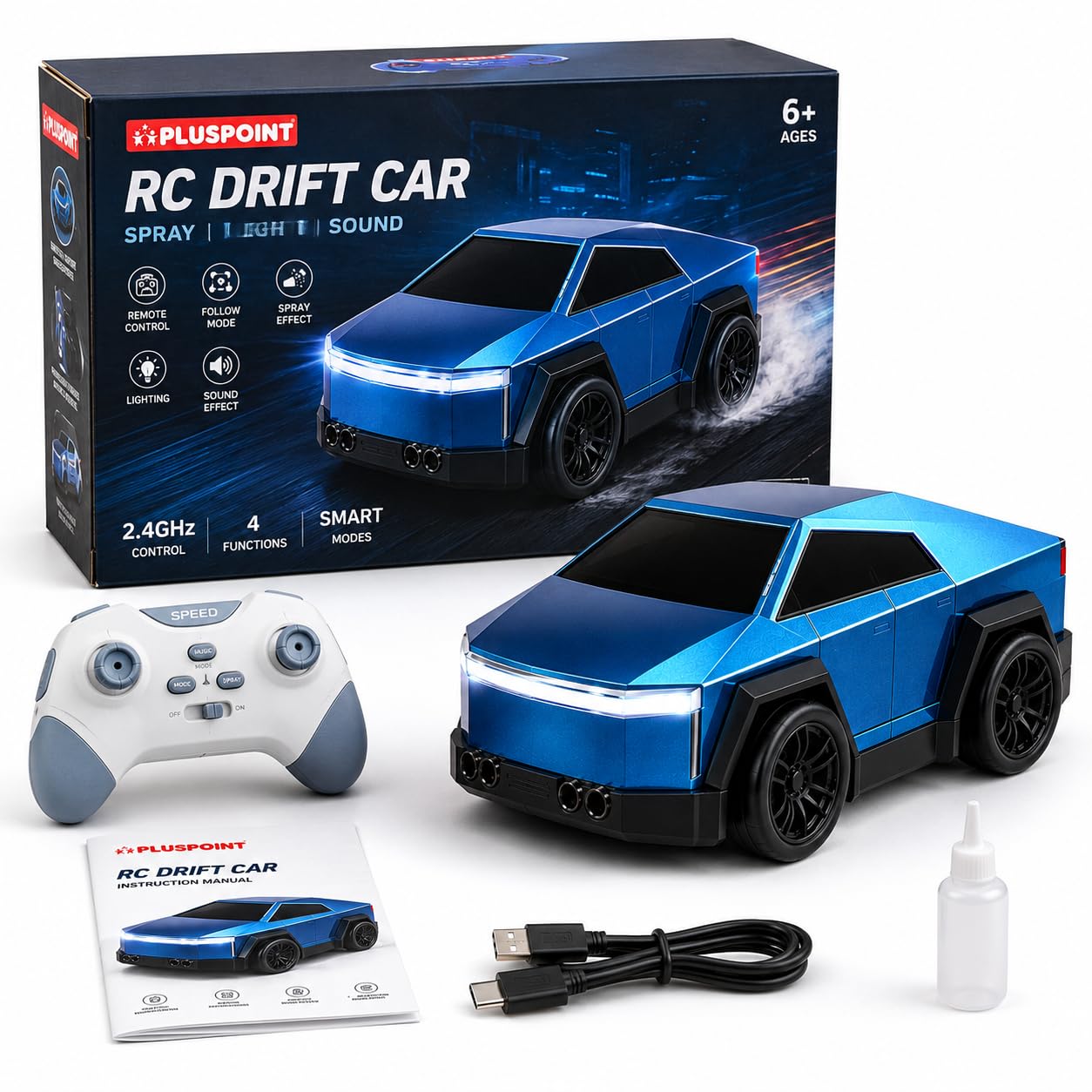 PLUSPOINT 2.4GHz RC Drift Car with Spray Effect | Rechargeable Remote Control Racing Car with LED Lights, Smart Follow & Escape Modes | Mini Drift Vehicle Toy for Kids Age 3+-picture-28