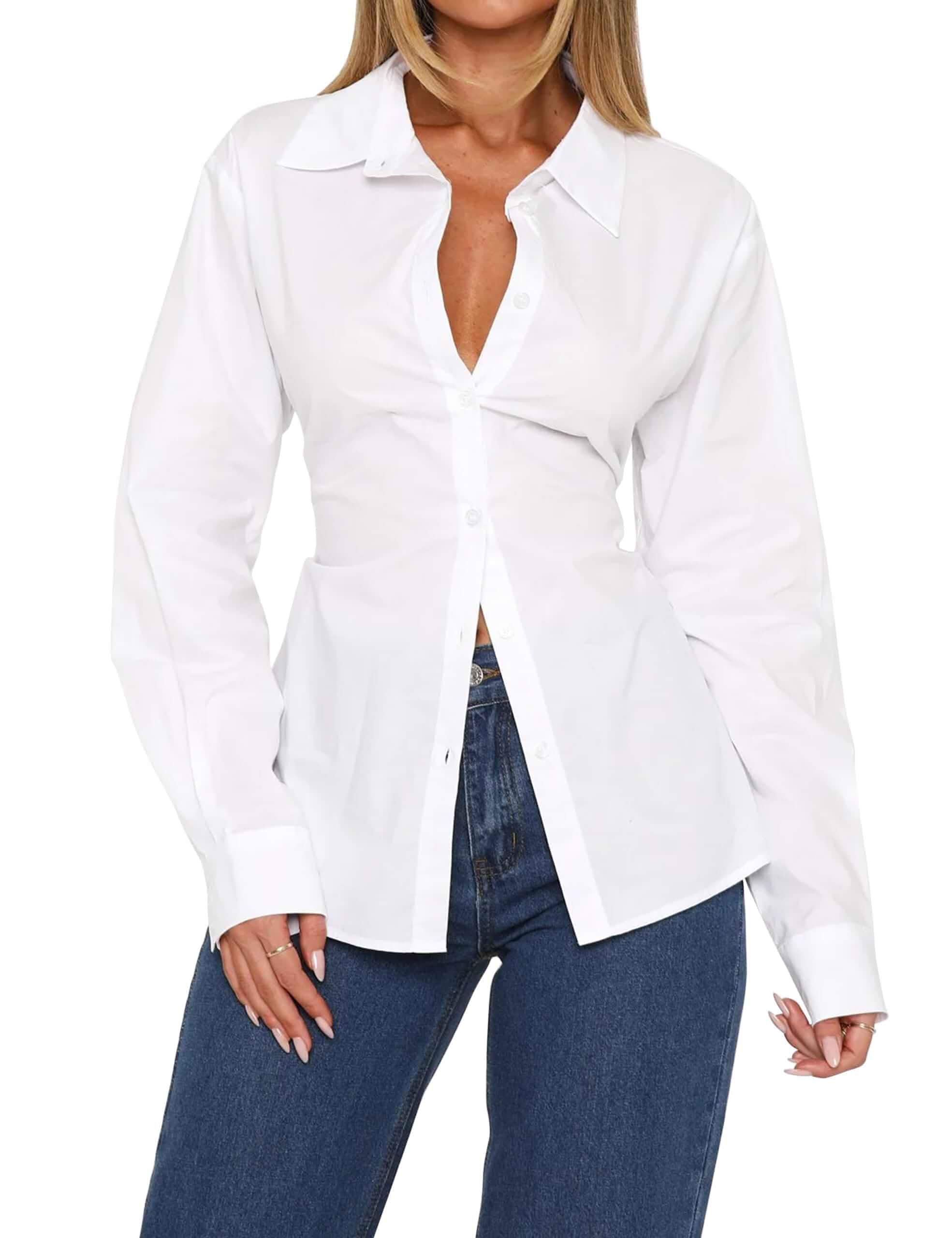HOCANDY Women Long Sleeve Button Down Shirt Tie Back Cinched Waist Lapel Collar Corset Blouse Work Casual Dressy Tunic Shirt Long Sleeve