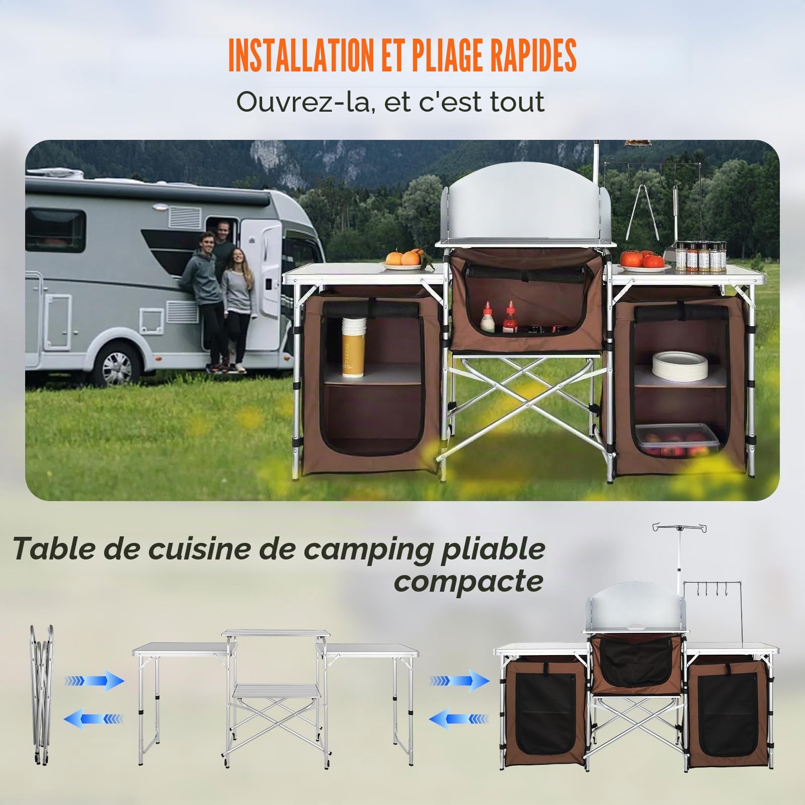 VEVOR Cuisine de Camping 174x176x46 cm Armoire de Camping Pliable Structure en Alu Grand Comptoir Meuble de Cuisine avec Pare-Brise 5 Compartiments avec Sac de Transport pour BBQ Pique-Nique Jardin