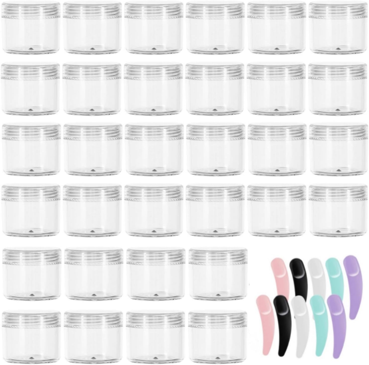 BTYMS 100 Packs Small Cosmetic Containers with Lids 20 Gram and 10 Pcs Makeup Spatula Clear Traveling Jars Sample Jars for Beauty Products