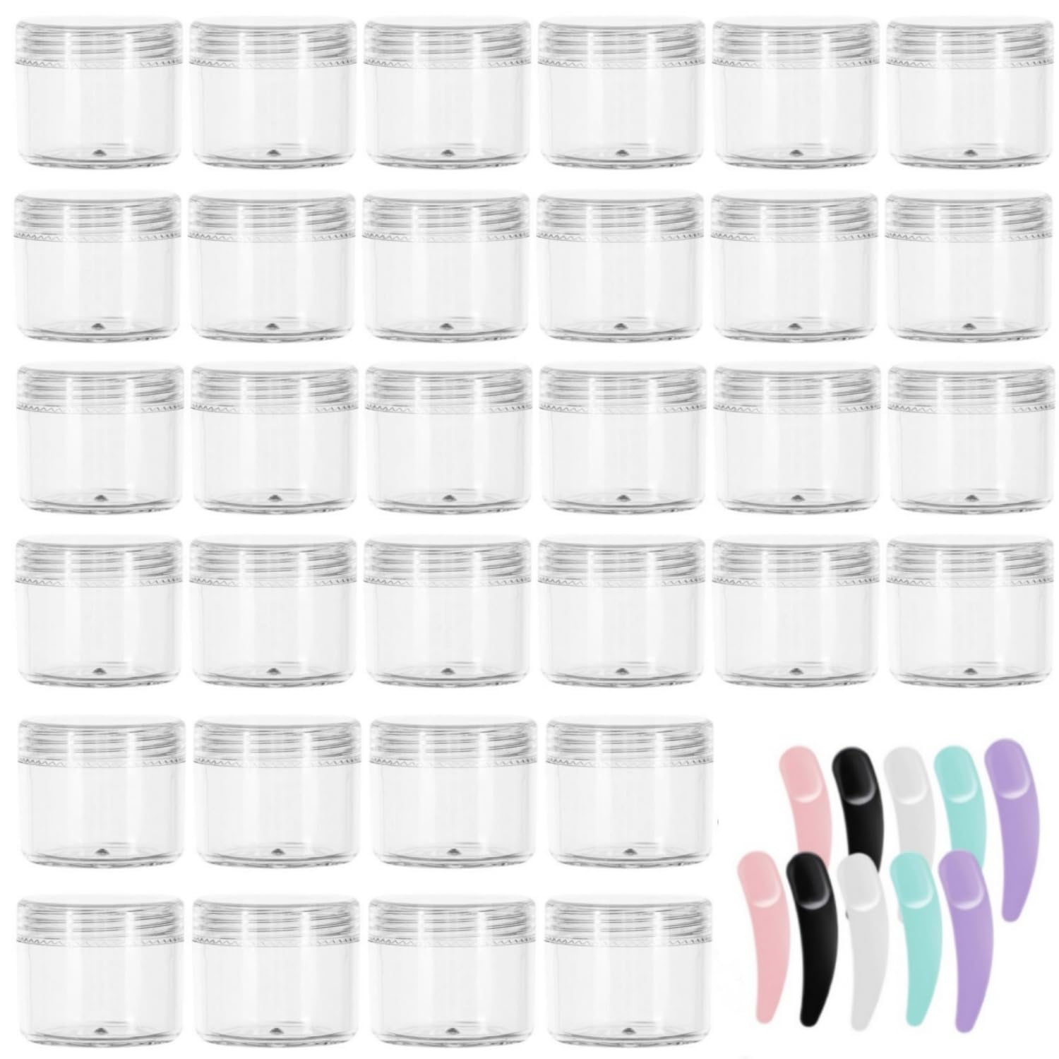 100 Pcs 20g Plastic Sample Cosmetic Containers with Lids and 10 Pcs Mini Makeup Spatula，Refillable Cosmetic Jars Lip Scrub Containers for Skincare - Clear
