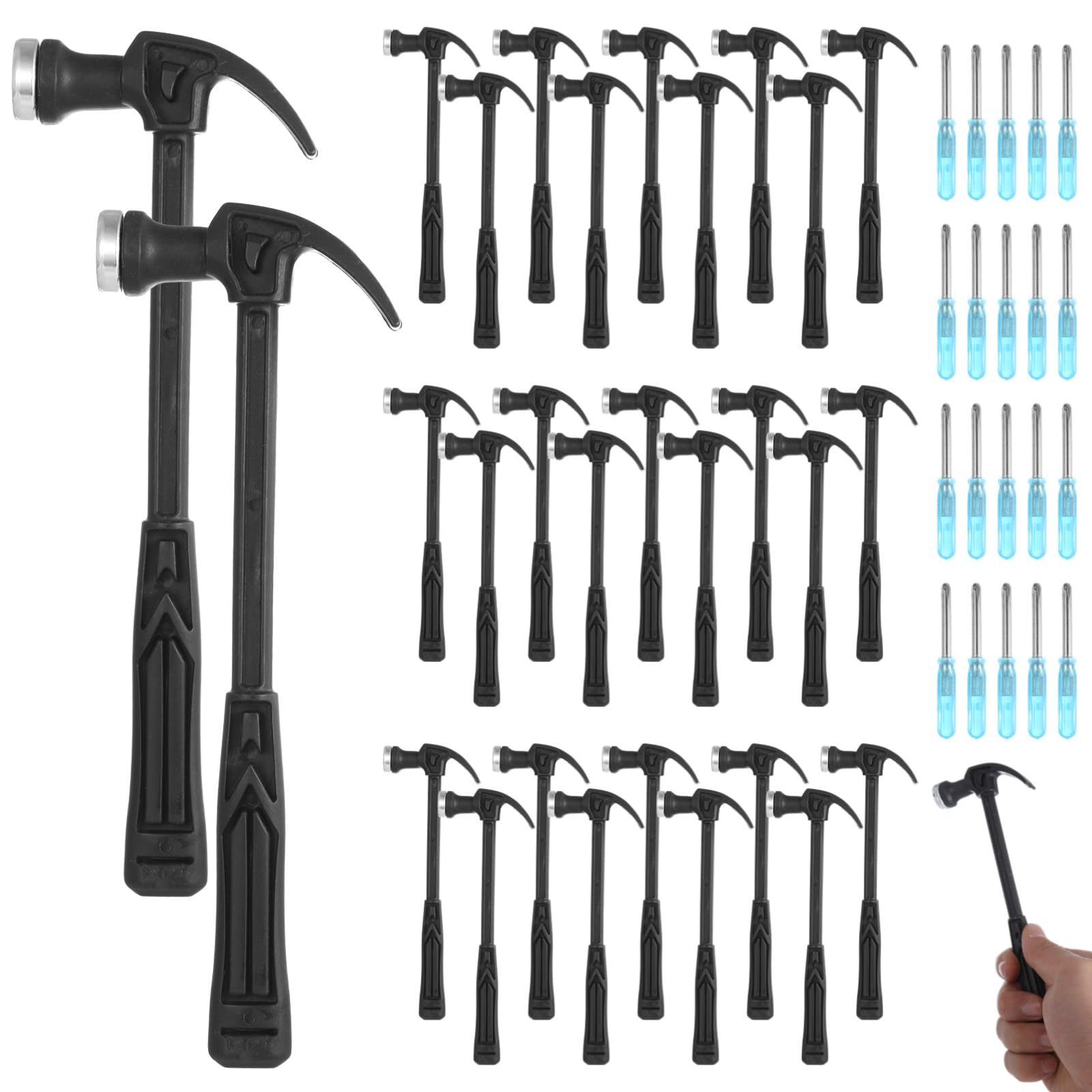 Set di 30 mini martelli da carpentiere con cacciaviti, martelli di sicurezza con manico in plastica per fai da te e lavorazione del legno, include estrattori per chiodi, ideale per feste e regali