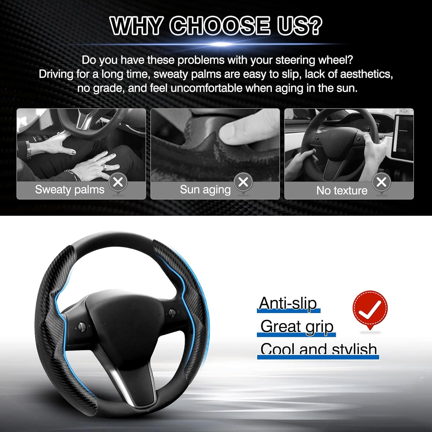 Steering Wheel Cover for Telsa Model 3/Model Y 2017-2026 Accessories Carbon Fiber Steering Wheel Cover Protector Anti-Slip, Comfortable Grip, Breathable, Model 3/Y Accessories, Black - Image 3