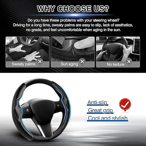 Miniatura 3 de Funda de volante de fibra de carbono a medida para Tesla, Telsa Model 3  Y, antideslizante, con agarre cómodo, transpirable, accesorios modelo 3Y