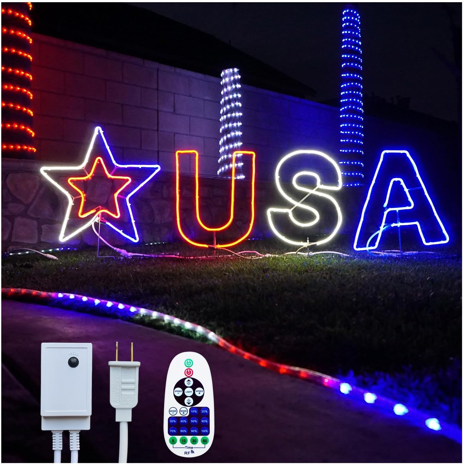 Russell Decor Patrioitc USA and Star Yard Sign Lights with 10-Levels of dimmable Remote Control for Patriot (Red White Blue 72'' x 22'')