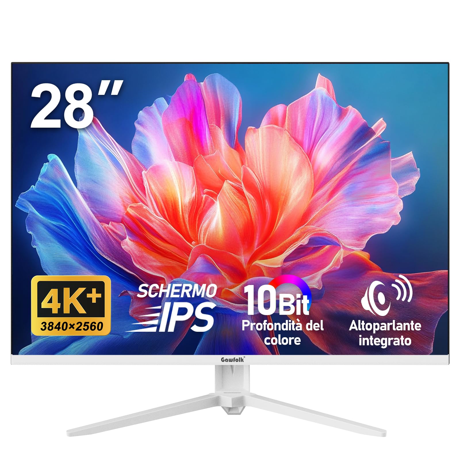 Gawfolk Monitor per computer UHD 4K da 28 pollici, PC schermo IPS Ultra HD (3840×2560p), 3:2, 10 bit, 1,07 miliardi di colori, 128% sRGB, altoparlanti integrati, DisplayPort, HDMI, bianco