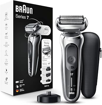 Braun Electric Razor for Men, Waterproof Foil Shaver, Series 7 7027cs, Wet & Dry Shave, with Beard Trimmer, Rechargeable, Charging Stand and Travel Case Included, Silver Black