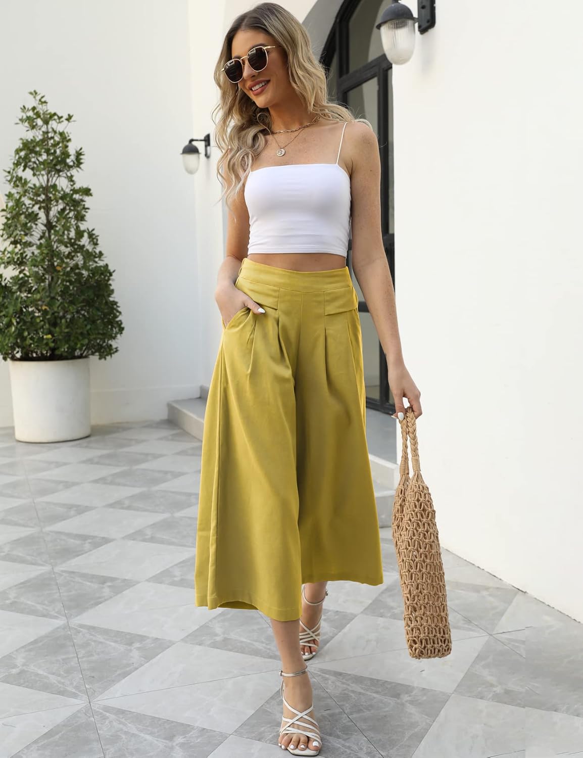 Gihuo Women' s Culottes Linen Blend Wide Leg Pants Elastic Waist Casual Palazzo Trousers with Pockets Capris - Image 7