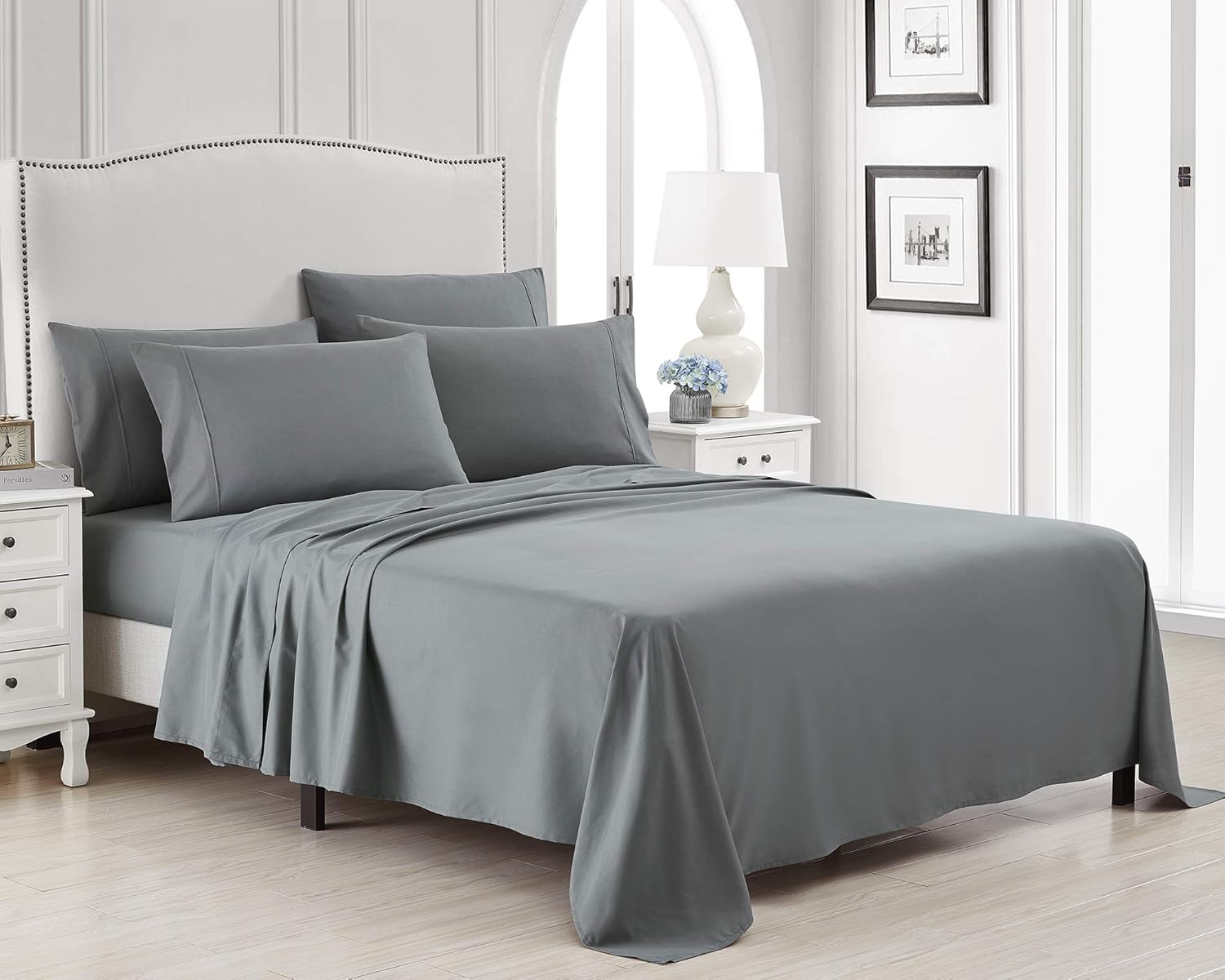 Cal King Bed Sheet Set, 6 PC Super Soft Microfiber Bedding Set, Wrinkle & Fade Resistant Sheet Set, Hotel Quality Fits Mattress Up to 14'' Deep Pocket, Grey