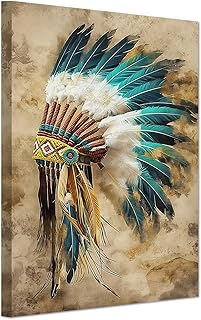 SWQYLB Native American Canvas Wall Art Indian Chief Feather Headdress Picture Prints Vintage Tribal Theme Painting Southwest Artwork Indian Wall Decor Framed (Blue, 12.00" x 18.00")