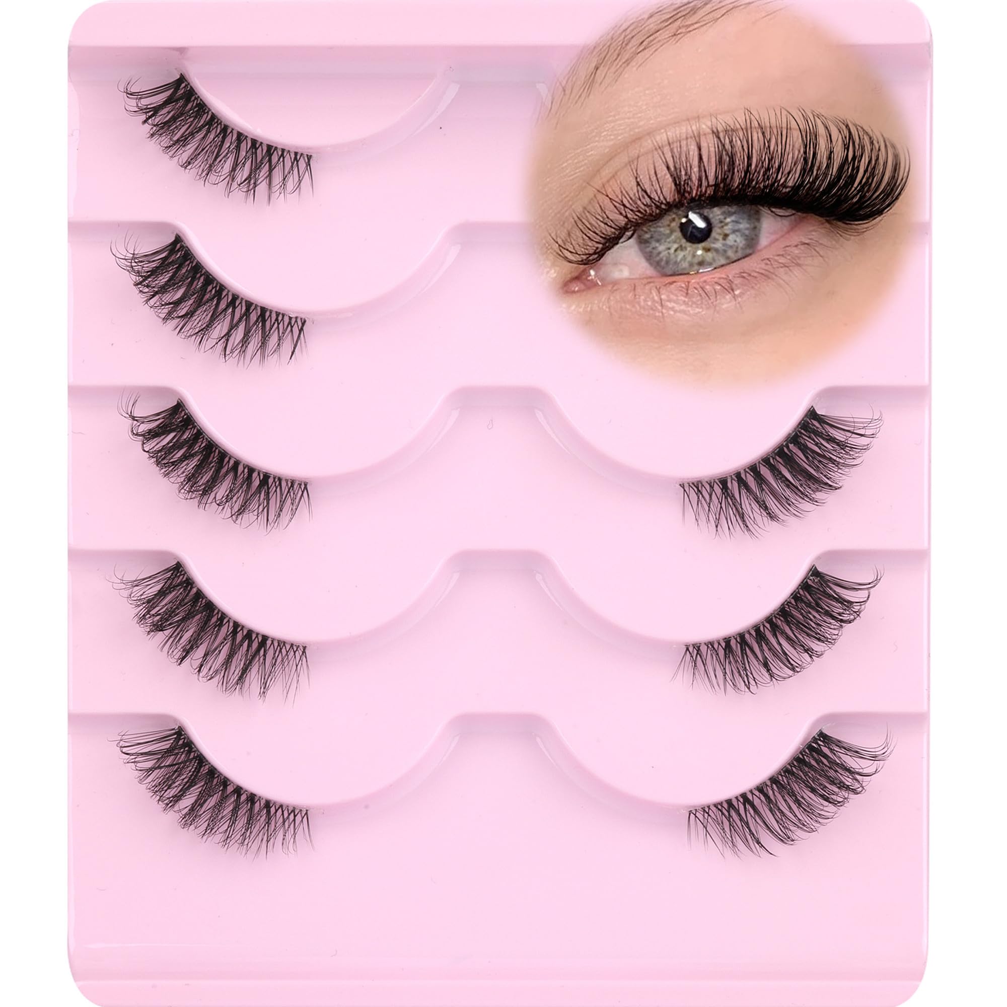 Half Lashes Natural Cat Eye Lashes 3/4 False Eyelashes Clear Band Strip Lashes Wispy Fake Eyelashes 5 Pairs Natural Eyelashes