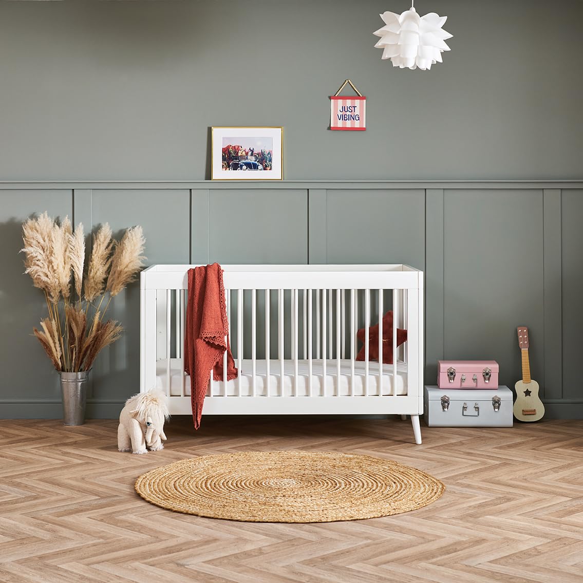OBaby Maya Cot Bed - Nordic White - Scandinavian Design - Pine Wood - Adjustable Base - Converts to Toddler Bed