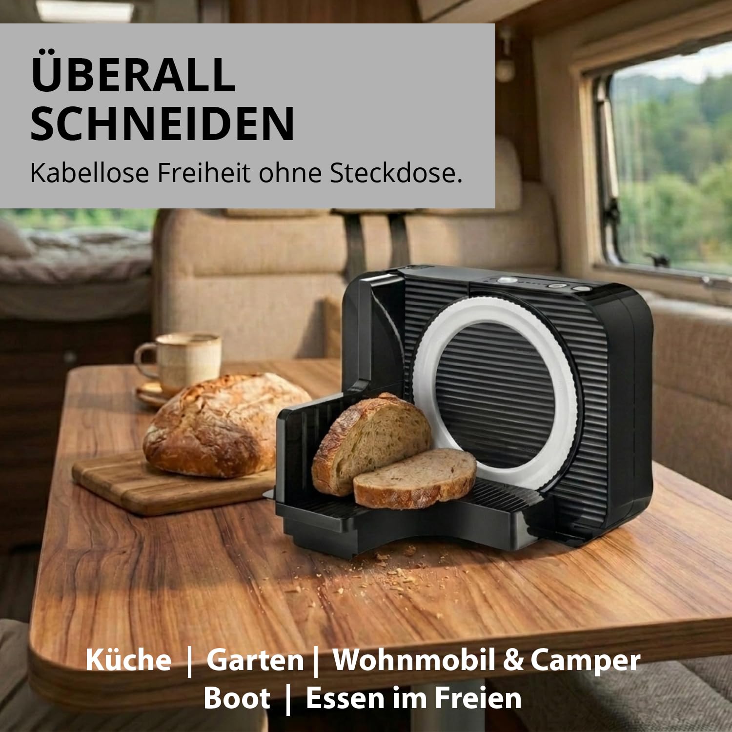 EUREL RS54 Akku-Allesschneider, Schwarz | Brotschneidemaschine klappbar, kabelloser Allesschneider mit Li-Ion Akku, E-Blade Präzisionsklinge, 0–15 mm Schnittstärke