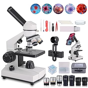 Poothoh Powerful Biological Microscope for School Labs Homeschooling 40x-2000x Magnification Coaxial Coarse and Fine Adjustment, Cell Phone Adapter, LED Illumination, for Children Students Adults