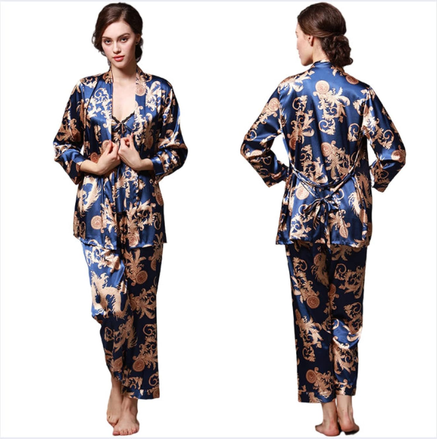 Women'S Dragon Pattern Floral Print Silky Pj Sets Sleepwear - Sexy V-Neck Spaghetti Strap Nightwear 3Pcs Summer Silk Satin Pajamas Set Cami Nightwear With Robe And Pant Soft Homewear For Adults Outfi