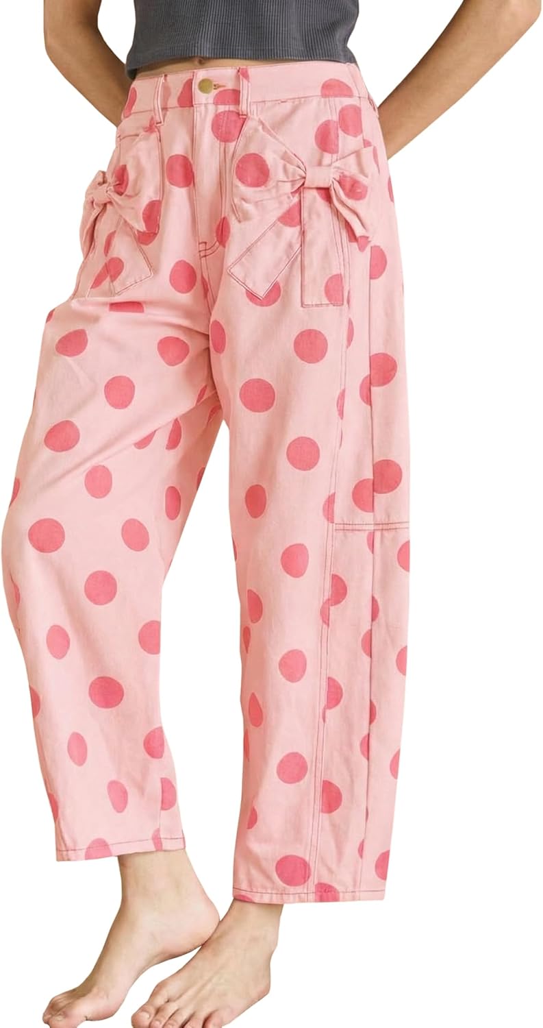 Polka Dot Print Jeans for Women Bow Detail Pocketed Jeans High Waist Casual Vacation Pants