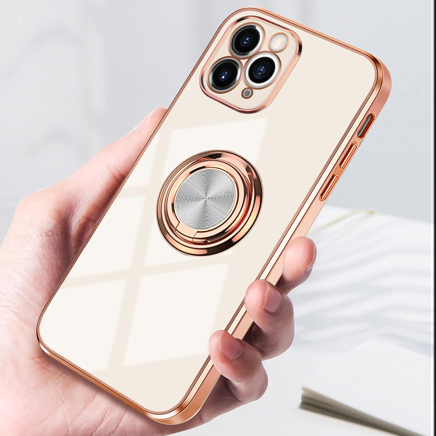 Omorro Compatible with Rose Gold iPhone 13 Pro Case for Women Girls Kickstand Ring Holder 360 TPU Rotation Ring Case with Stand Plating Edge Work with Magnetic Mount Slim Luxury Case Girly Cover White - Image 7