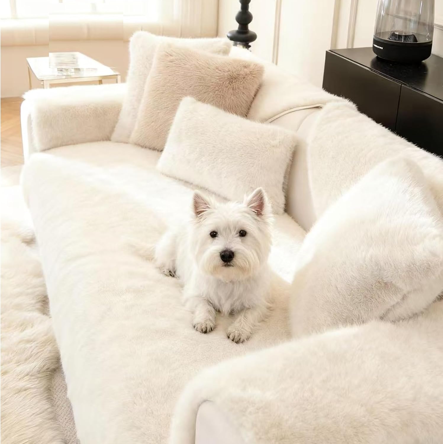 Luxury Soft Warm Couch Cover Faux Mink Fur Plush, Non-Slip Dogs Couch Sofa Slipcovers,Washable Sofa Cushion Covers Sofa Protectors for RV/Living Room (White,cushioncover12X20in)