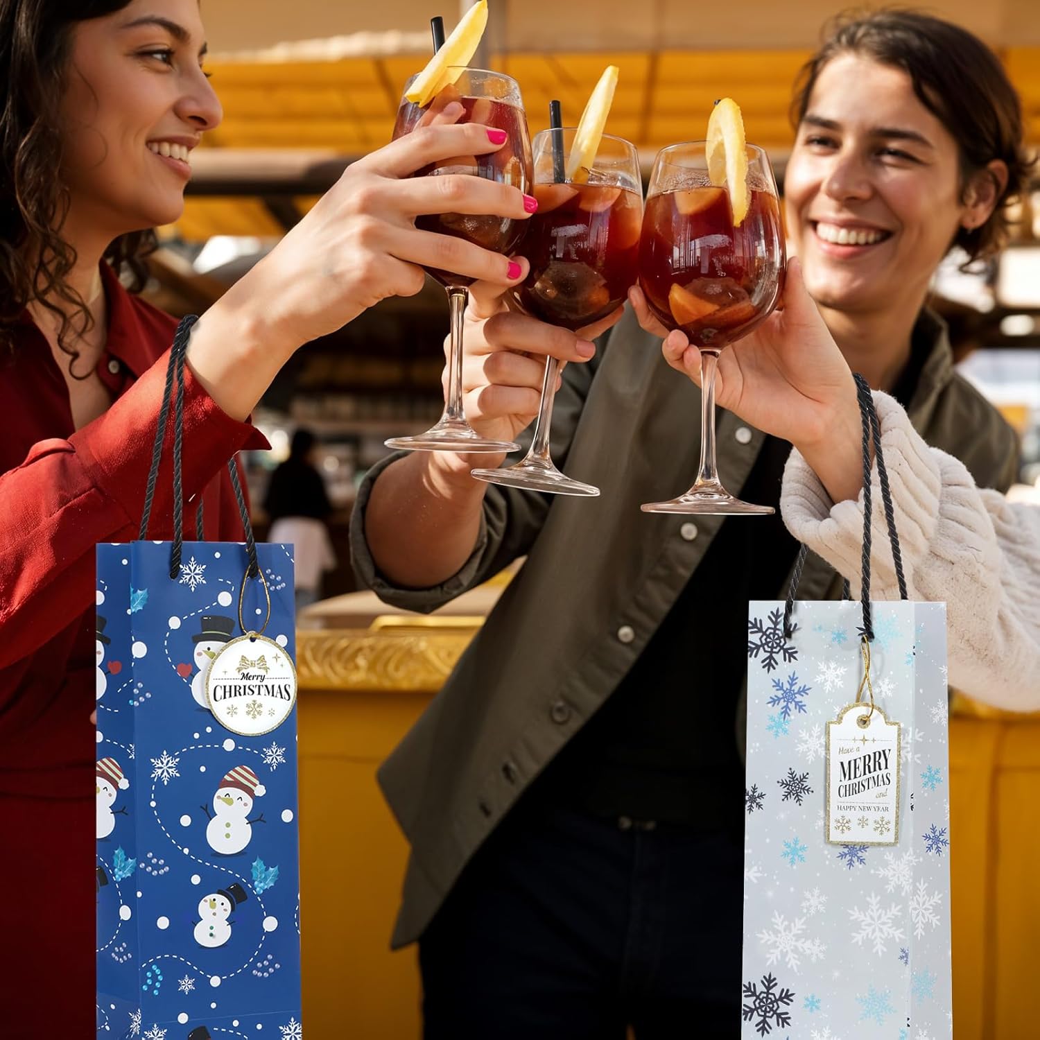 Liobelon 12 Pieces Christmas Wine Bags with Tags, Blue Snowman Christmas Tree Snowflake Wine Bag Paper Champagne Gift Bags for Xmas Holiday Home Party Favor Decoration - Image 5