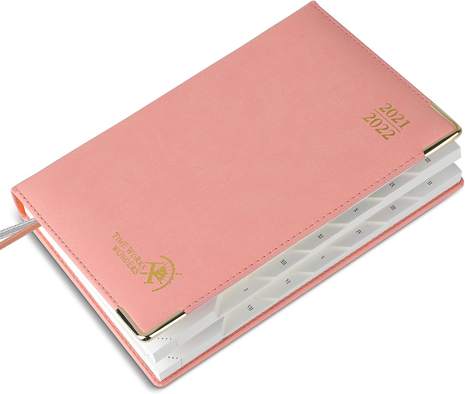 Daily Planner 2021-2022 Page A Day with Hourly Schedule - Academic Agenda August 2021 - July 2022 with Monthly Tabs, Pocket, Note & Contact Pages, Vegan Leather Hardcover, 5.5" x 8.5", Pink
