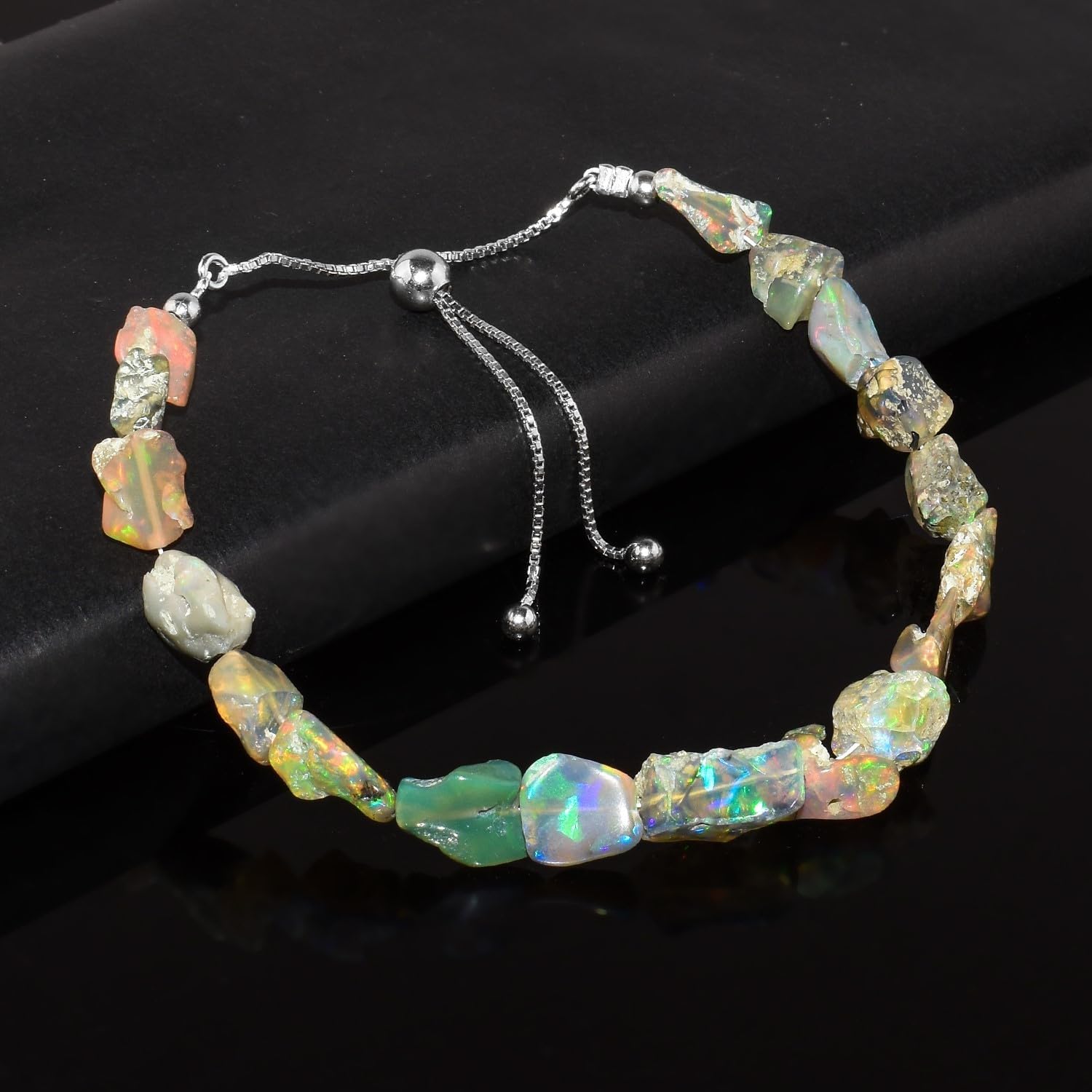 OdrillionGems Raw Black Ethiopian Fire Opal Bracelet For Women 925 Sterling Silver October Birthstone Handmade Adjustable Slider Chain 10inch Gift For Her - Image 3
