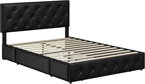 Miniatura 7 de Yaheetech Base de cama tapizada con 3 cajones de almacenamiento y cabecera ajustable, plataforma de piel sintética con base de colchón, fuerte