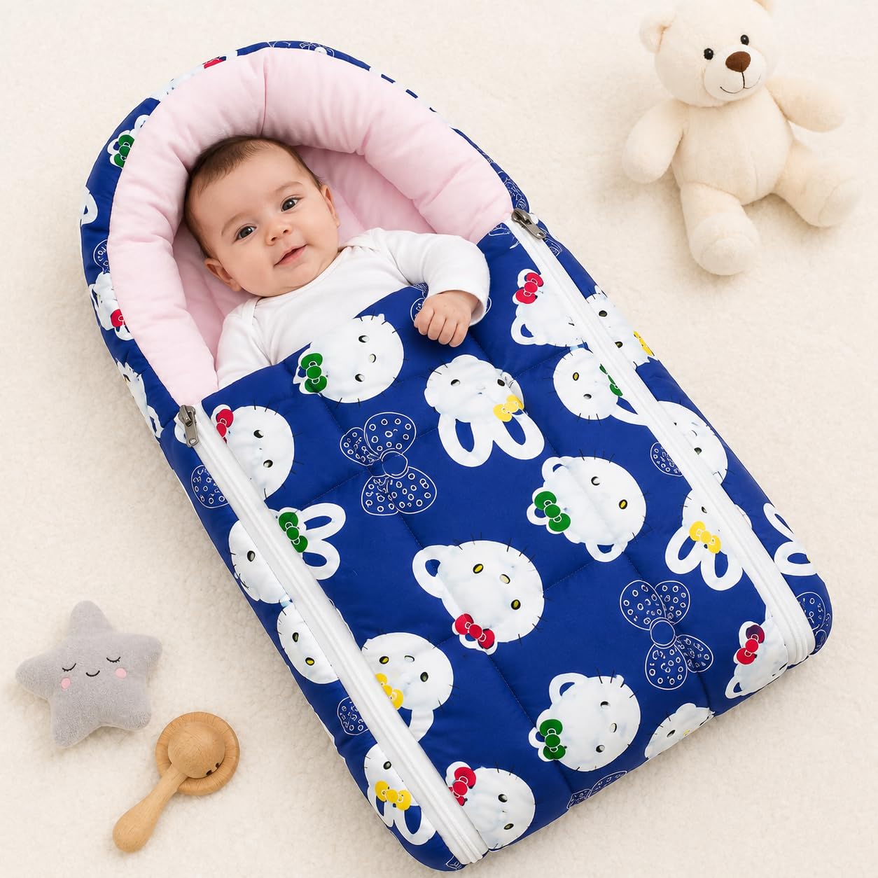 Blue Baby Quilt & Sleeping Bag Cum Carry Bag – Soft, Cozy, Portable Baby Bedding for Newborns, Infants – 64x41 cm, Stroller, and Sleeping Time-image-35