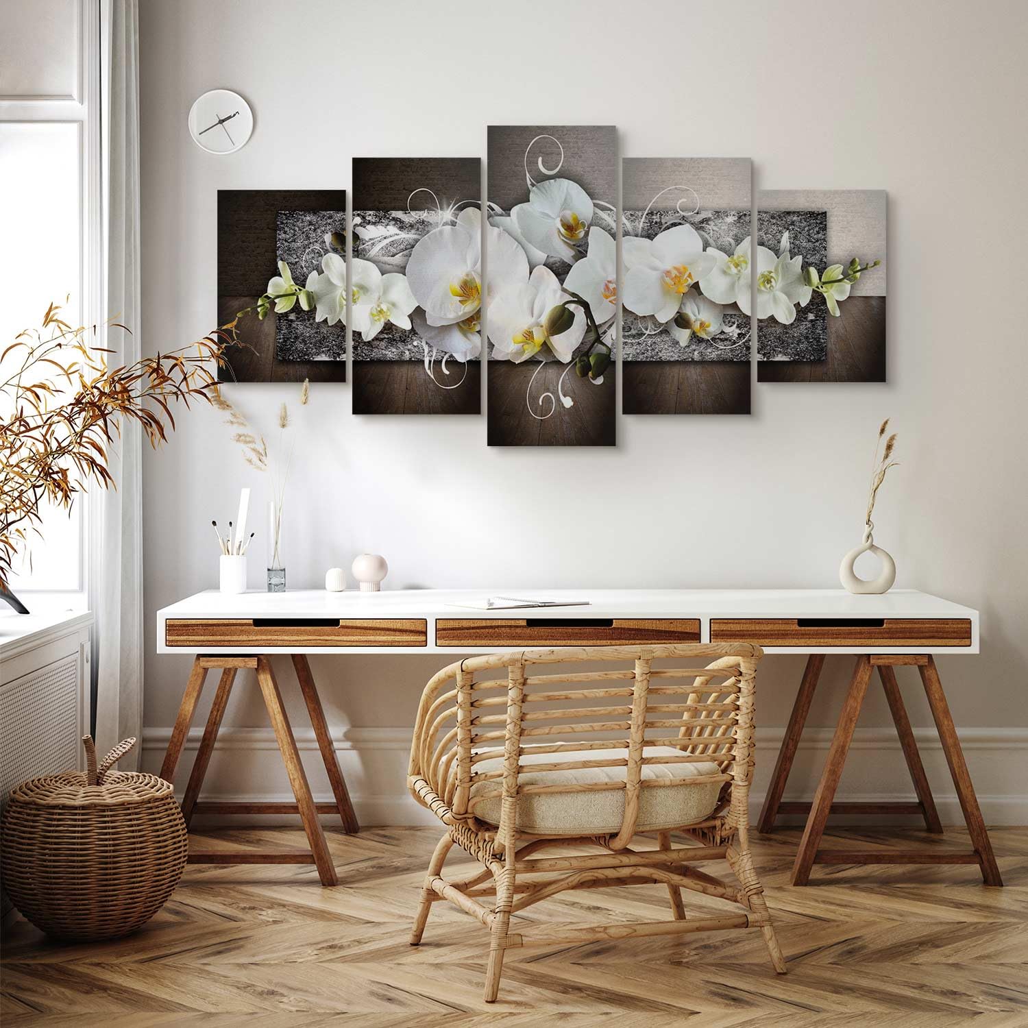 Quadro Su Tela Papaveri 150x75cm - 5 Pezzi Composizione Moderna Per Parete, Colori Rosso E Grigio, Senza Cornice - Foto 2